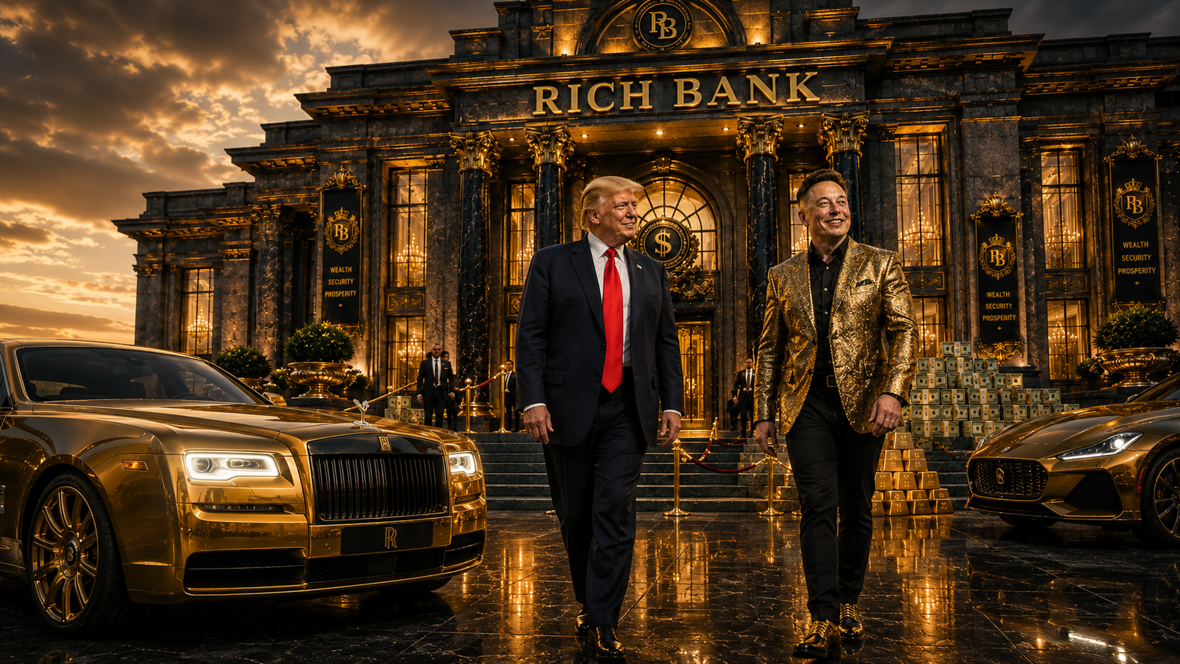 Rich Bank vault — gold cars, cash stacks, and the Rich Bank building