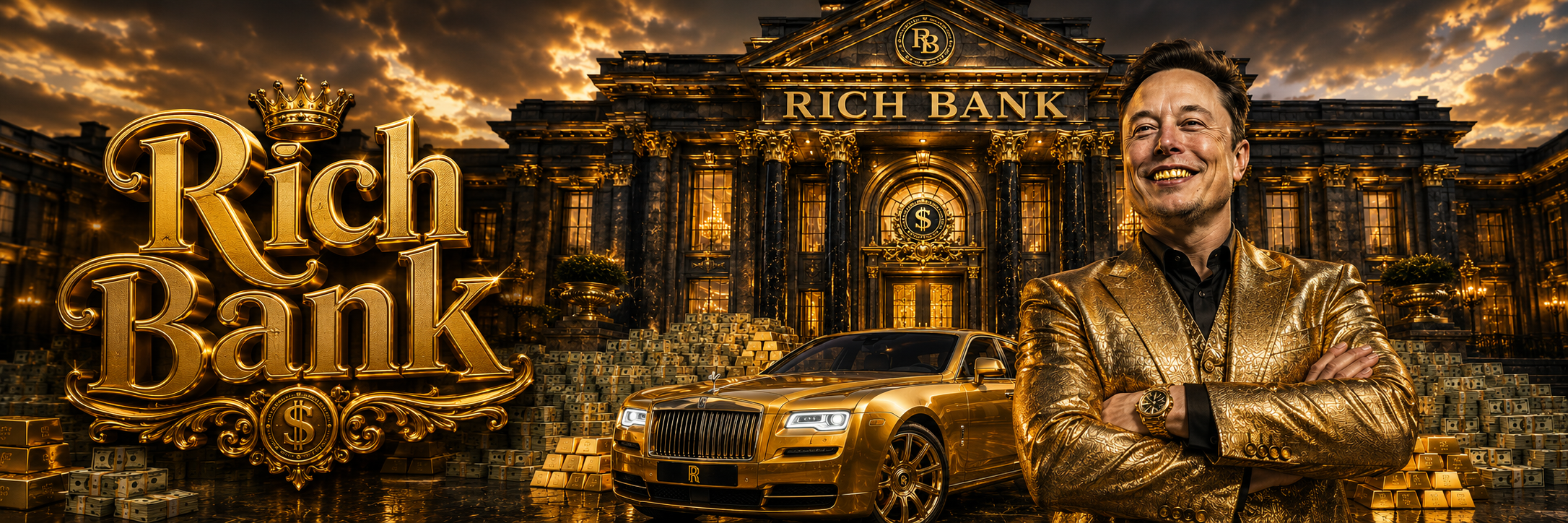 Rich Bank — luxury gold Rolls-Royce at the vault